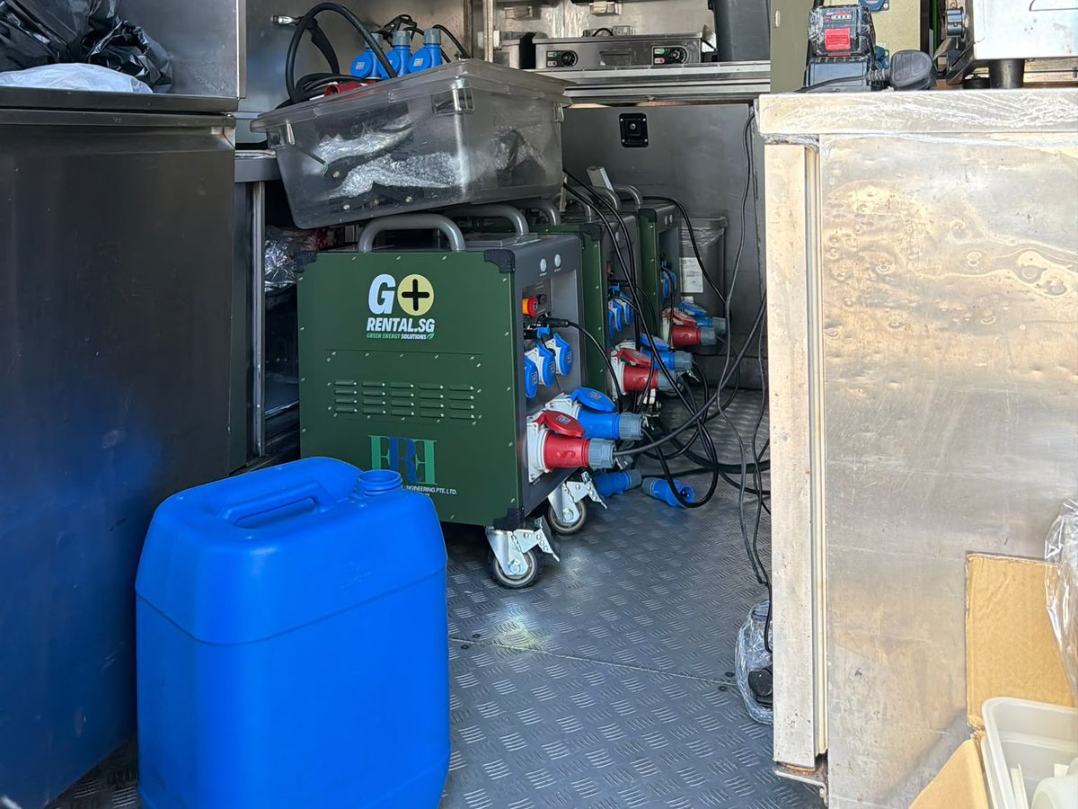 EH-Series portable battery units powering cooking equipment inside a mobile food truck kitchen