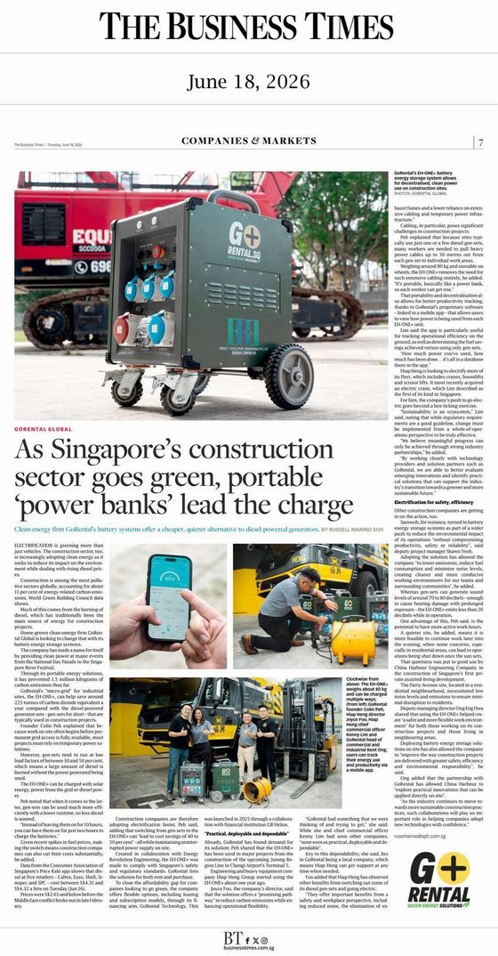 The Business Times feature on portable battery energy storage systems in Singapore construction, 18 June 2026