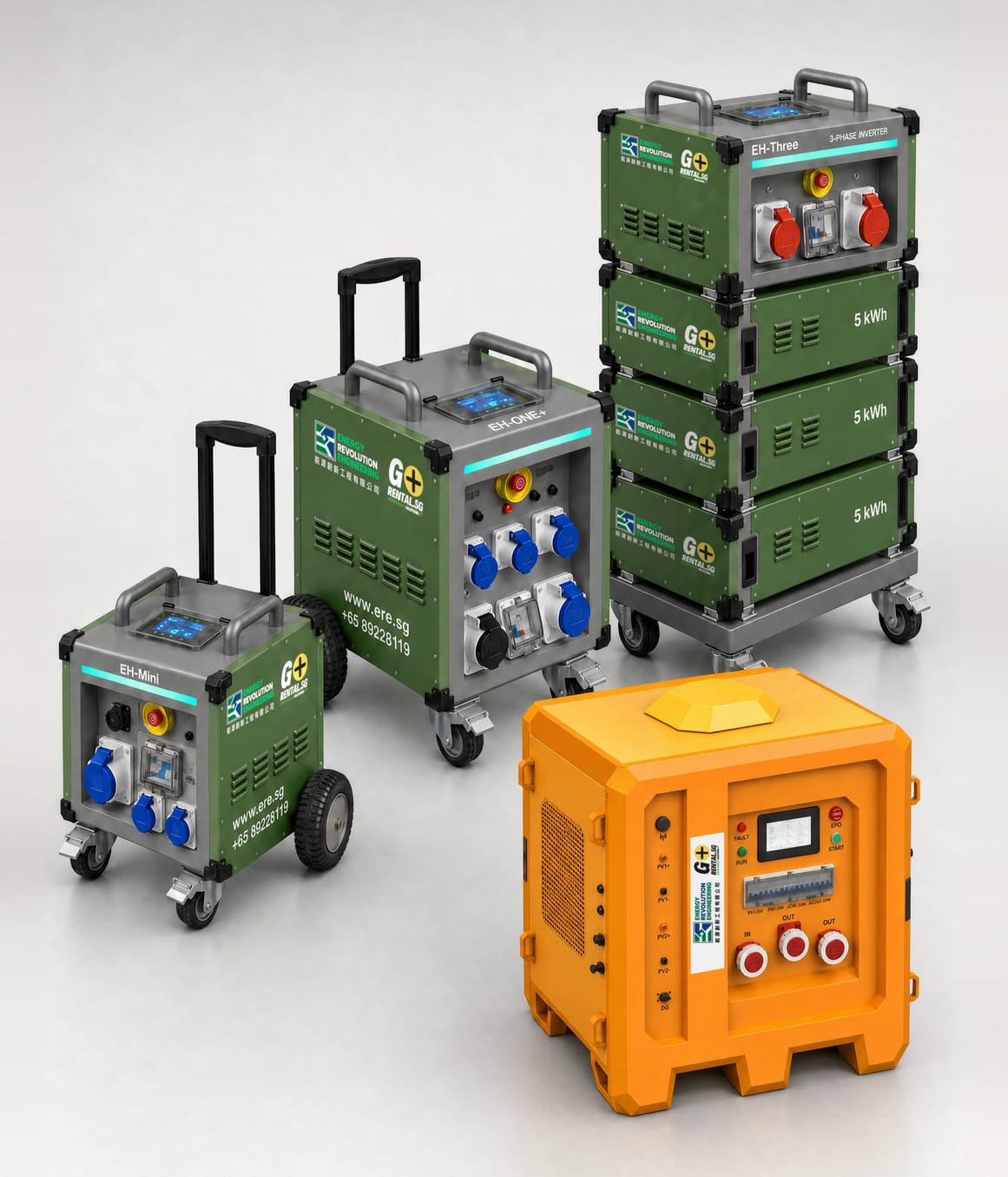 The EH-Series range of portable battery energy storage systems, from EH-Mini to EH-Cube
