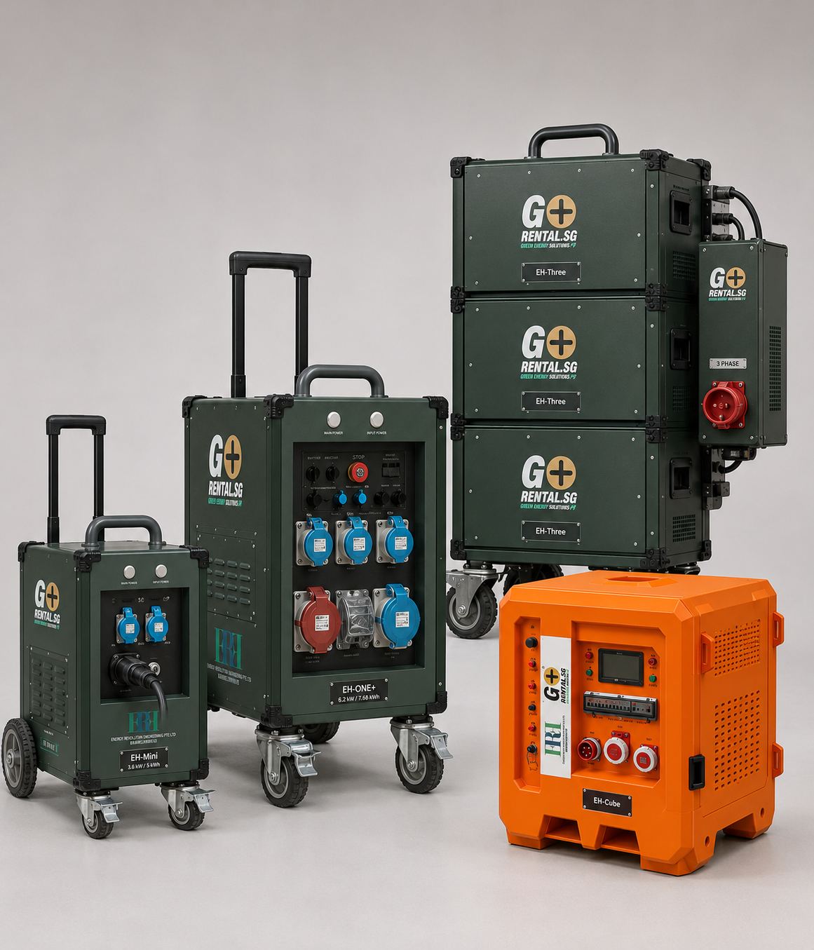The EH-Series range of portable battery energy storage systems, from EH-Mini to EH-Cube